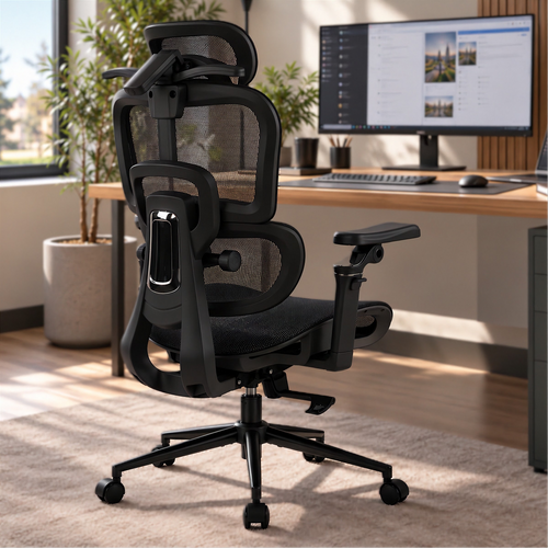 Chaise de bureau ergonomique Elvo Ergo noire dans un bureau à domicile moderne et lumineux