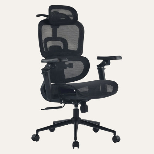Chaise de bureau ergonomique Elvo Ergo noire en maille, avec appui-tête et soutien lombaire réglable