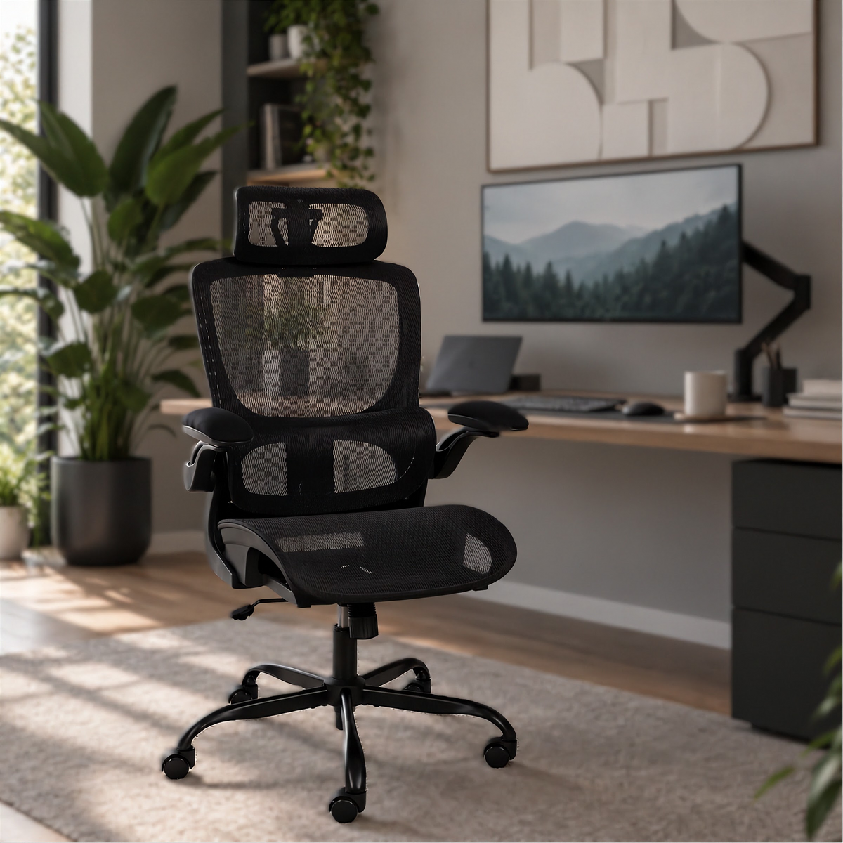 Chaise de bureau ergonomique Elvo Essentiel en maille noire dans un coin bureau à la maison, à côté d'un bureau en bois clair