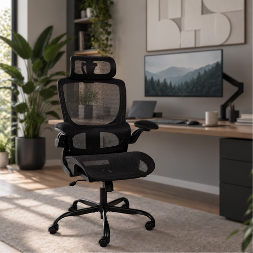 Chaise de bureau ergonomique Elvo Essentiel en maille noire dans un coin bureau à la maison, à côté d'un bureau en bois clair