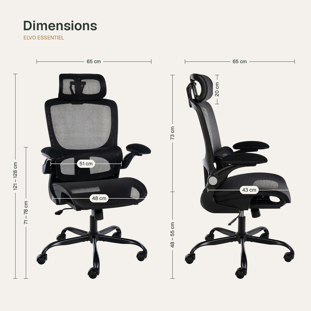 Dimensions de la chaise de bureau ergonomique Elvo Essentiel : 65 × 65 cm au sol, hauteur totale de 121 à 128 cm, hauteur d'assise de 48 à 55 cm