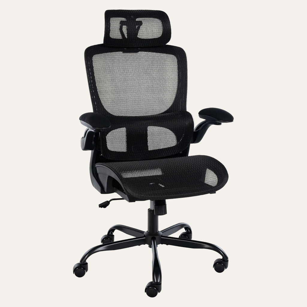 Chaise de bureau ergonomique Elvo Essentiel noire en maille, avec appui-tête et accoudoirs relevables