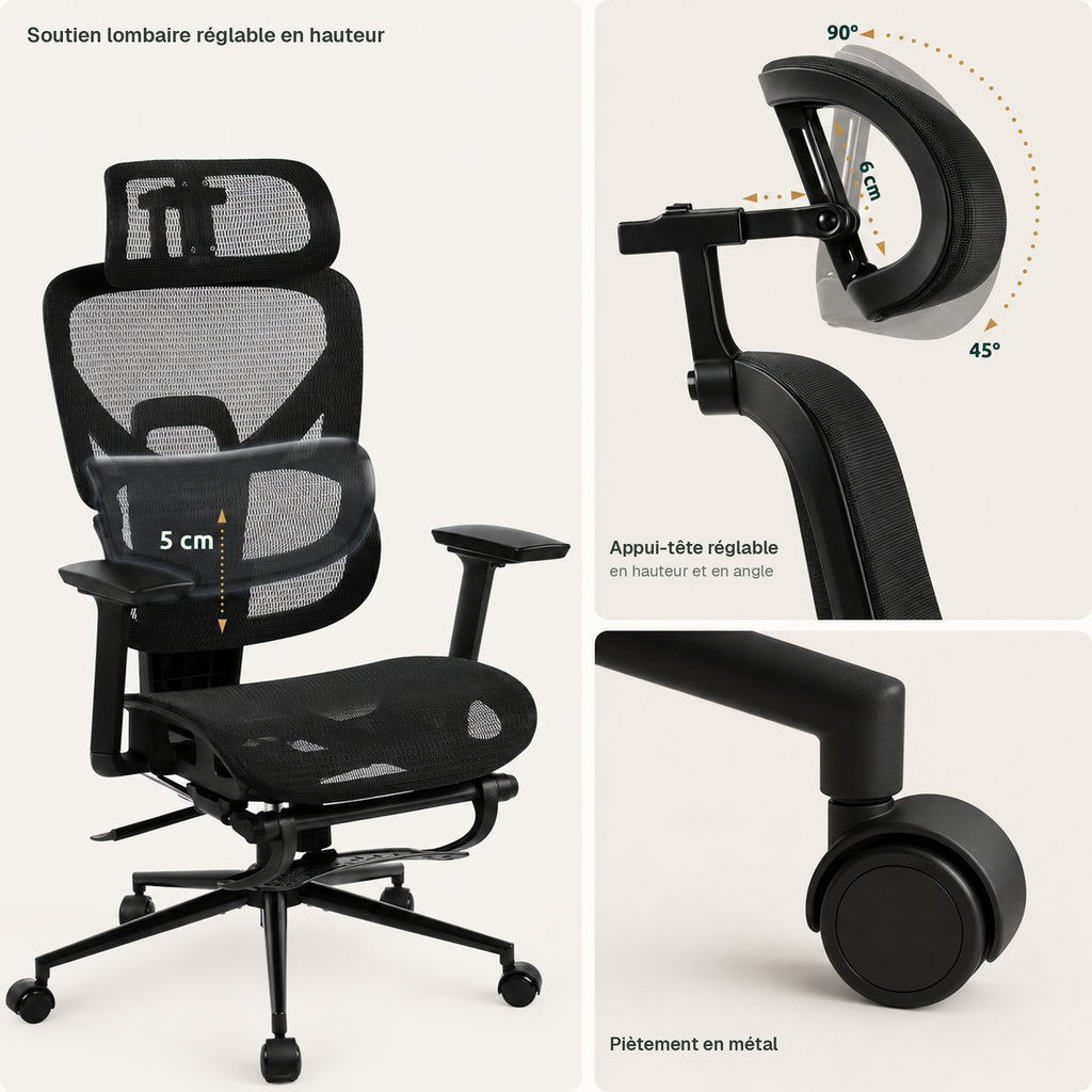 Soutien lombaire réglable en hauteur, appui-tête réglable en hauteur et en angle, et piètement en métal de la chaise de bureau Elvo Signature