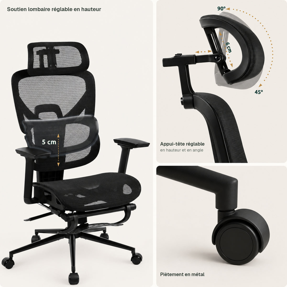 Soutien lombaire réglable en hauteur, appui-tête réglable en hauteur et en angle, et piètement en métal de la chaise de bureau Elvo Signature