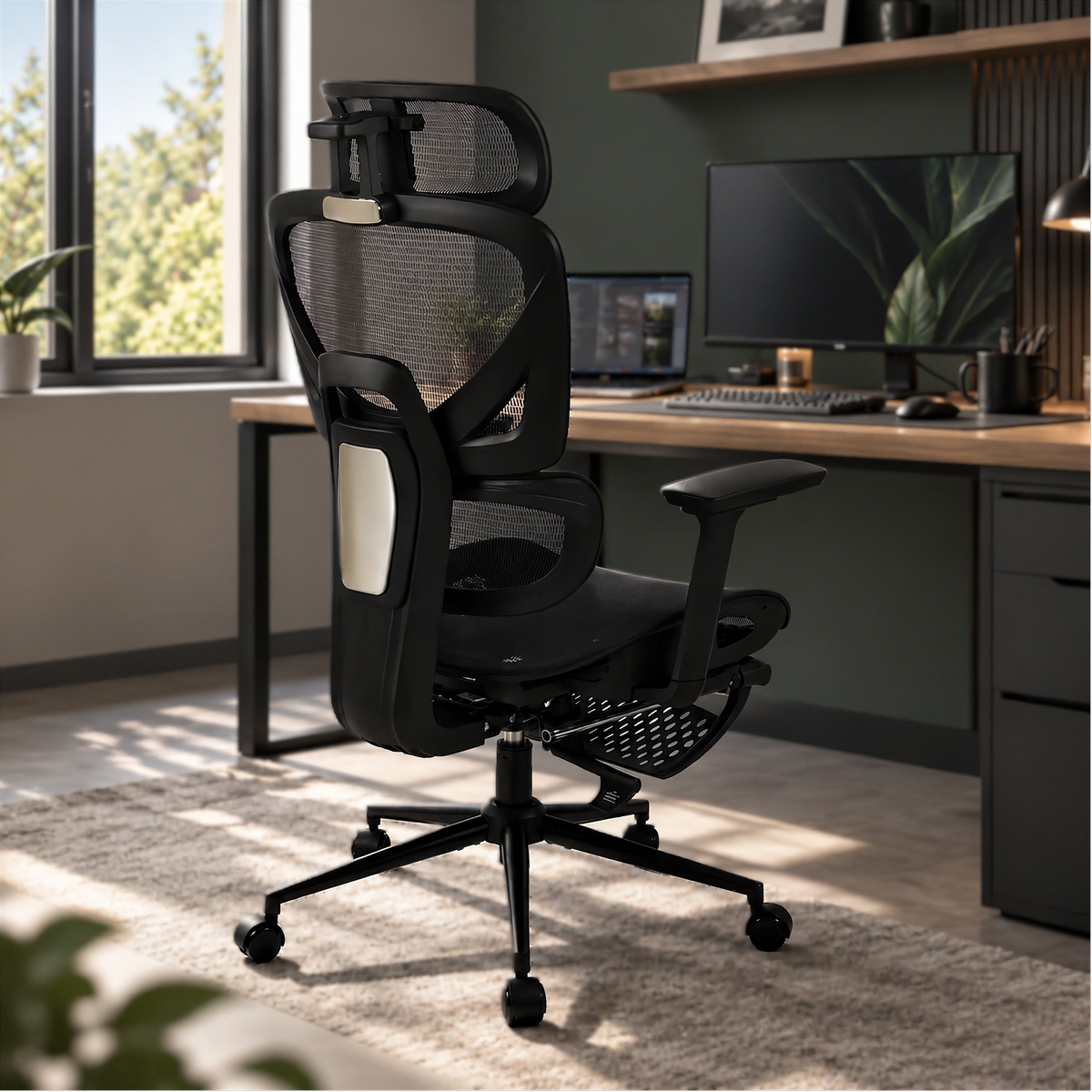 Chaise de bureau ergonomique Elvo Signature dans un bureau à domicile moderne et lumineux