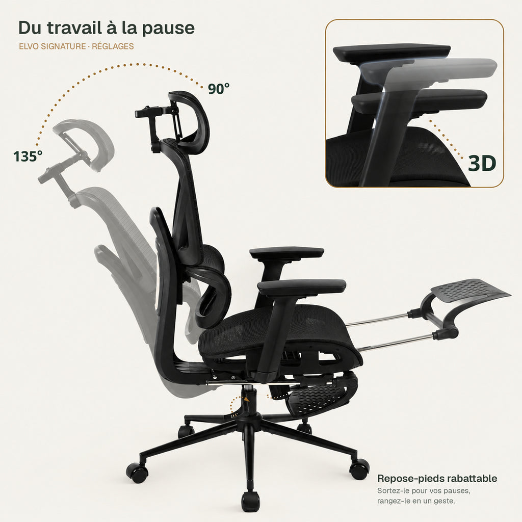 Chaise de bureau ergonomique Elvo Signature avec dossier inclinable de 90° à 135°, repose-pieds rabattable et accoudoirs 3D
