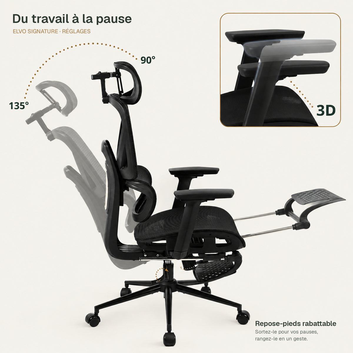 Chaise de bureau ergonomique Elvo Signature avec dossier inclinable de 90° à 135°, repose-pieds rabattable et accoudoirs 3D