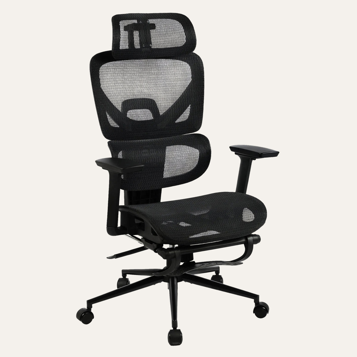 Chaise de bureau ergonomique Elvo Signature noire, entièrement en filet respirant, avec appui-tête et repose-pieds rangé